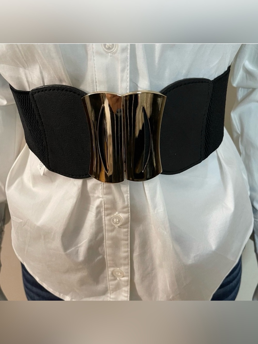 Metallic buckle black elastic waistband belt